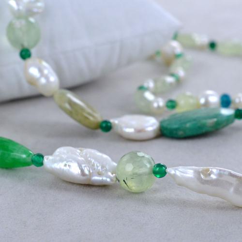 Avalaya Collana Multifilo Con Perline Di Vetro Verde E Bianco - 49 Cm, Chiusura A Moschettone