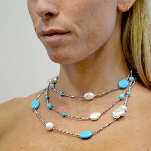 Collana lunga in argento, pasta turchese ed agata, Rajola. Collezione