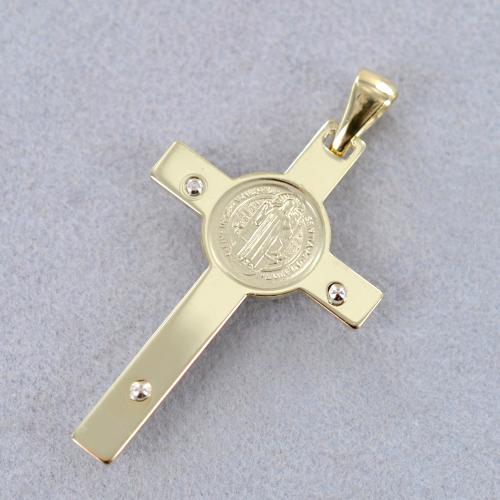 Croce San Benedetto Oro Su Base Legno 20 Cm – Smaltata A Mano, Made In Italy Con Preghiere In 3 Lingue