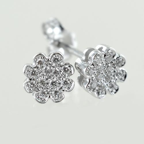 Boucles D'oreilles Fleur En Or Blanc 18 Kt - Diamants 0,22 Ct - Neuf Avec étiquettes - Fabriqué En Italie