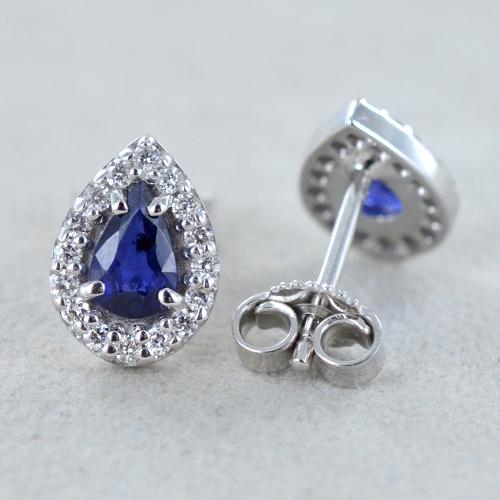 Orecchini A Goccia In Oro Bianco 14kt Con Zaffiri E 24 Diamanti (0.27 Ct, Colore G, Purezza SI)
