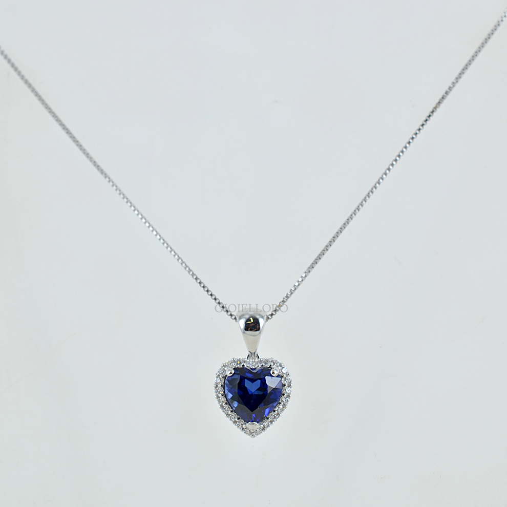 Collana Con Ciondolo A Cuore Placcato Argento E Zaffiro Bianco Creato In Laboratorio - Gioiello Moda Per Donna, Regalo Occasioni Speciali