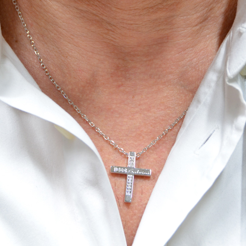 Collana Con Ciondolo Croce Uomo In Oro Bianco Con Diamante Cappagli Gioielli 150060 Dettaglio - Foto 3