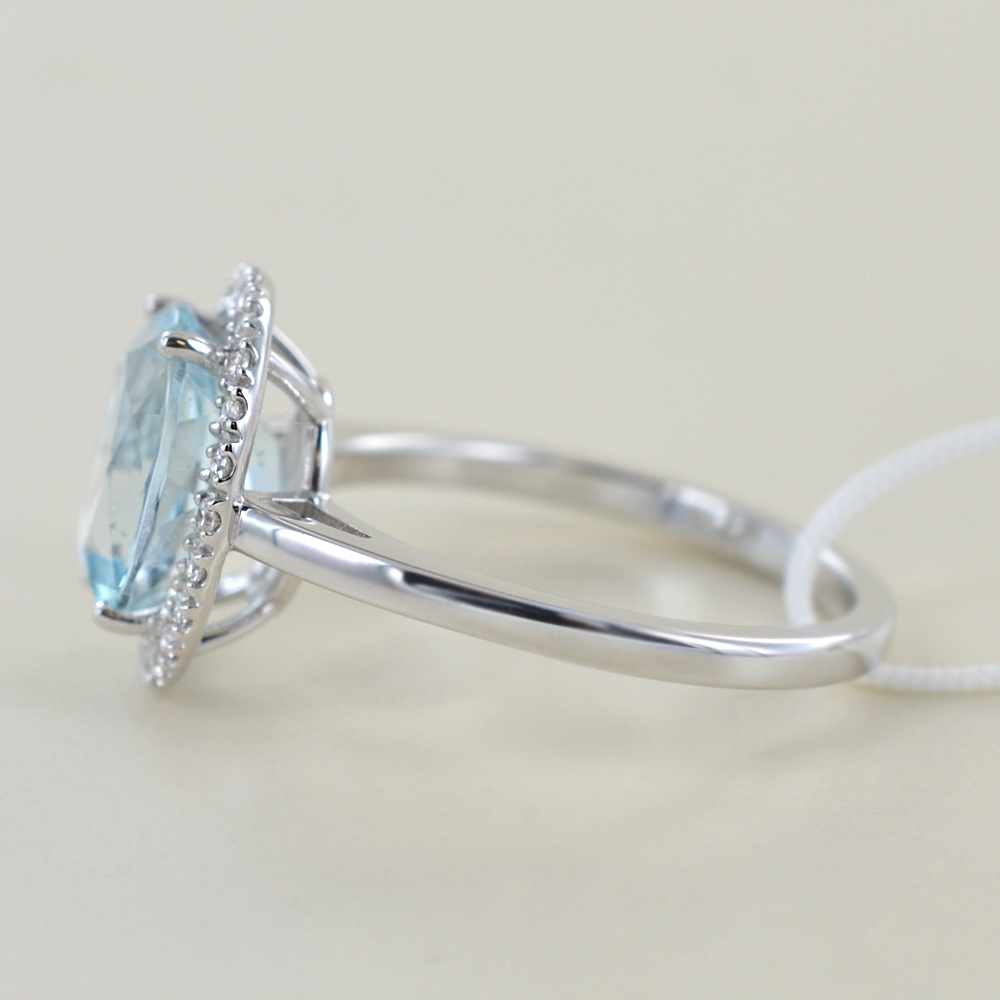 Anello Donna Topazio Blu Ovale Con Foglia E Zirconi - Moda Sposa, Regalo Nozze, Taglia 10, Blu Lago