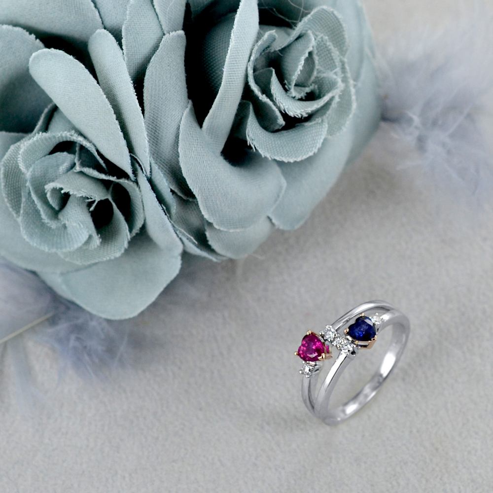 Anello IO E TE con Cuore Zaffiro e Cuore Rubino con Diamanti Gioielloro