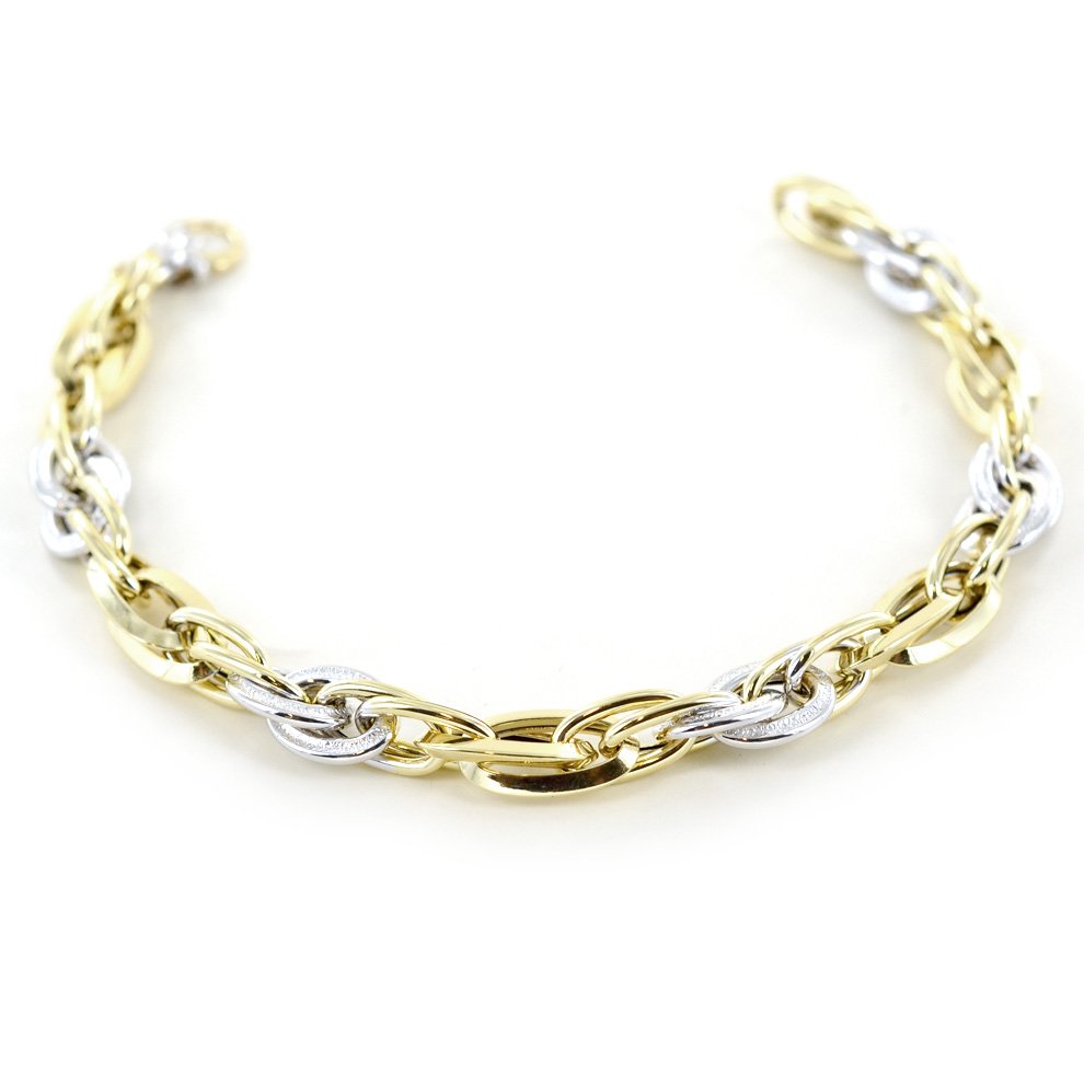 Bracciale in oro giallo con grandi maglie marine satinate alternata a