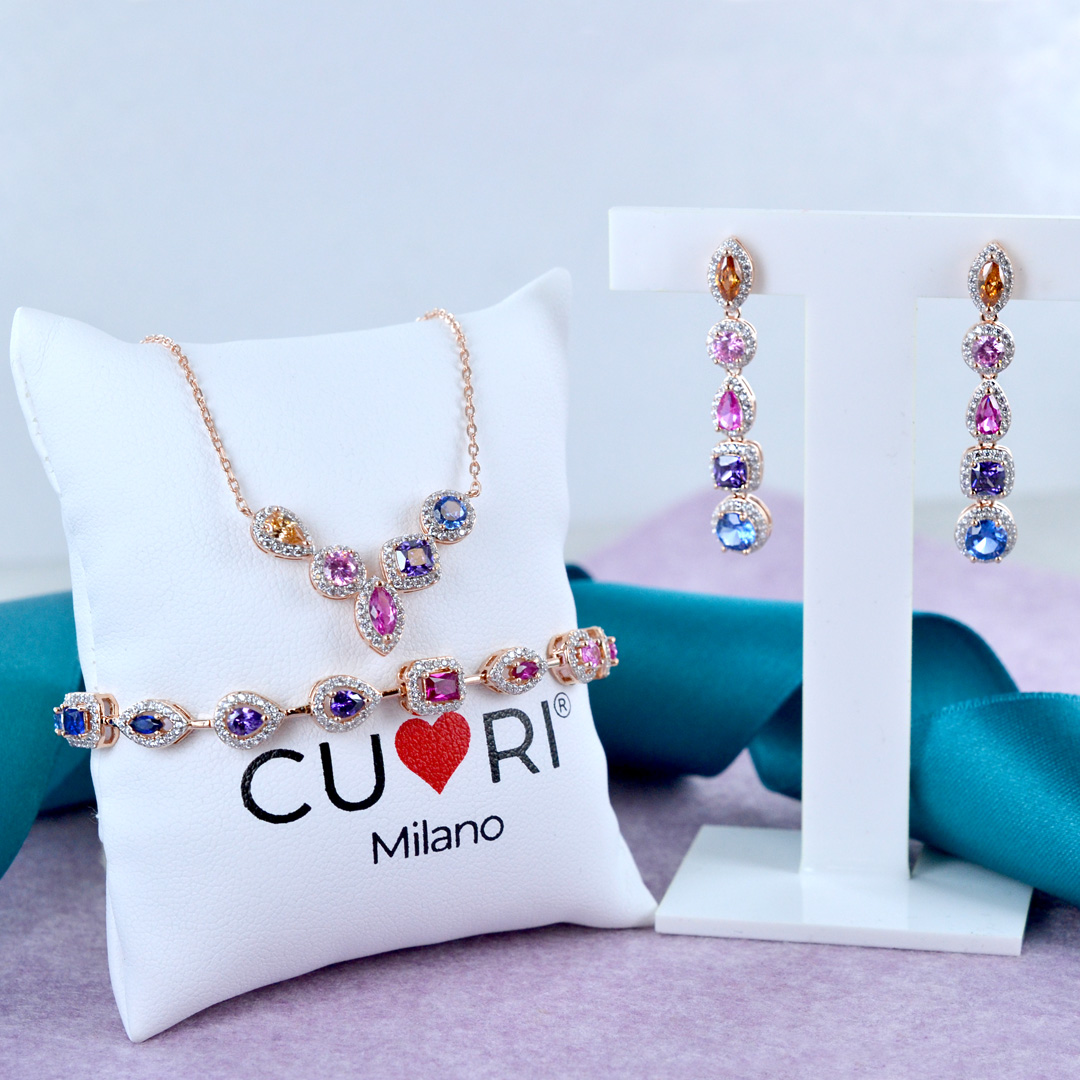 PARURE COLLANA ORECCHINI BRACCIALE ZIRCONI MULTICOLORE ARGENTO 925