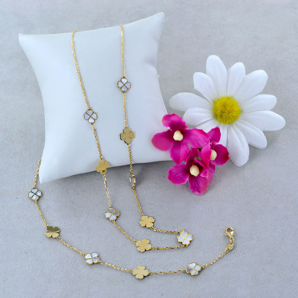Set Gioielli Quadrifoglio Floreale: Bracciale E Collana In Resina - Colore A Scelta
