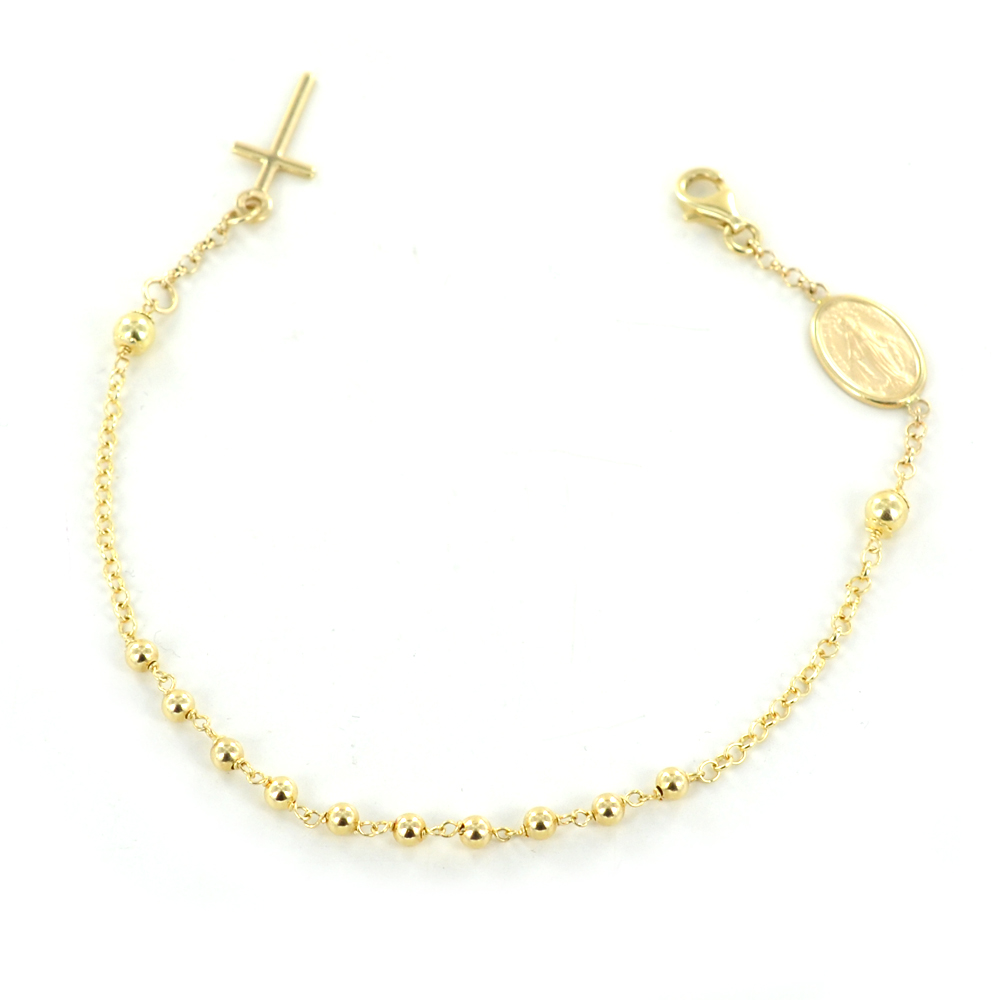 MIORE Bracciale Rosario Oro Giallo 9 Carati 375 – Grani 4x4 Mm, Catena Forzatina, Lunghezza 18.5 Cm, Fatto A Mano In Italia