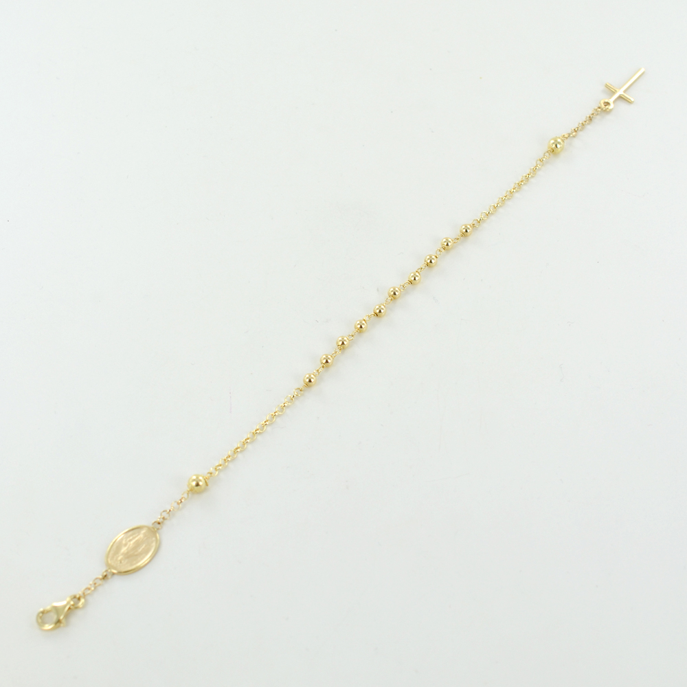 MIORE Bracciale Rosario Oro Giallo 9 Carati 375 – Grani 4x4 Mm, Catena Forzatina, Lunghezza 18.5 Cm, Fatto A Mano In Italia