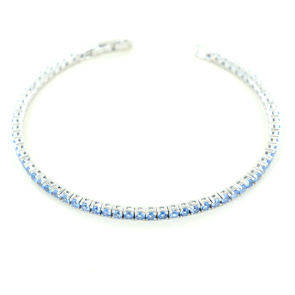 Bracciale Tennis In Argento 925 Con Acquamarine Blu E Zirconia Cubica - Lunghezza 19 Cm, Regalo In Confezione
