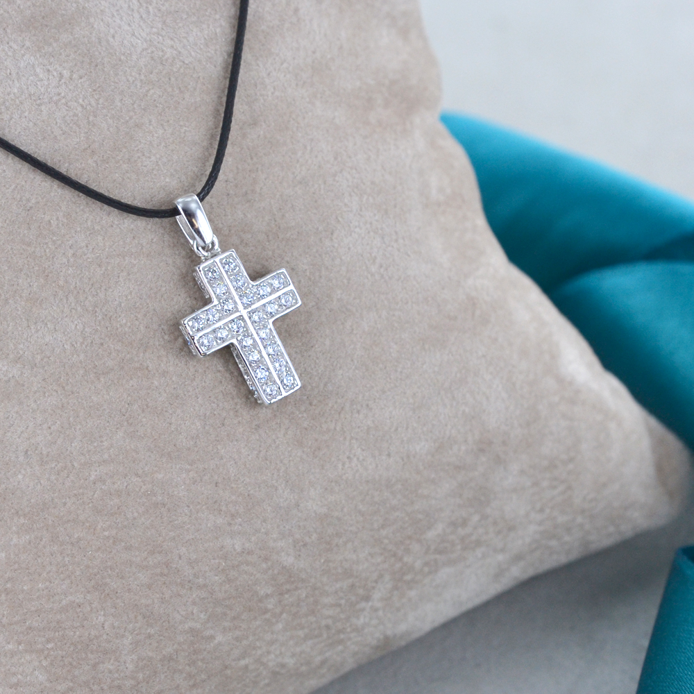 Pendentif Croce En Or Blanc 18K Avec Zircons Blancs - Bijou élégant Pour Femme, Neuf Avec étiquettes