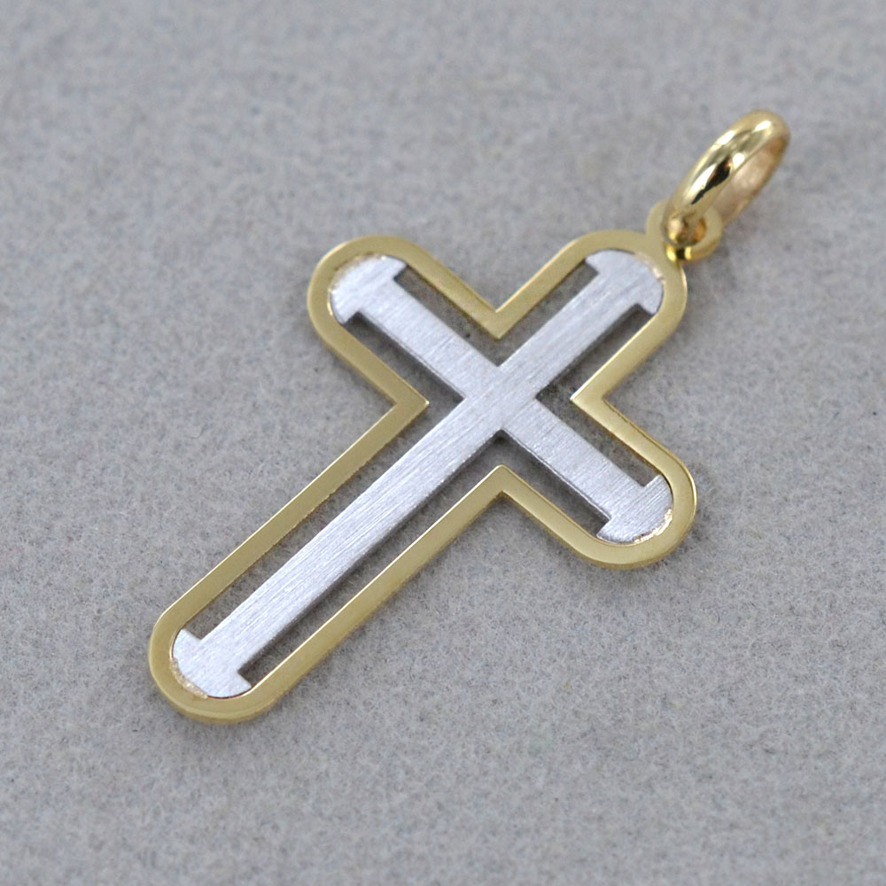 Ciondolo A Croce Semplice In Oro Giallo Bianco 14 Carati, Lucido - Foto 6