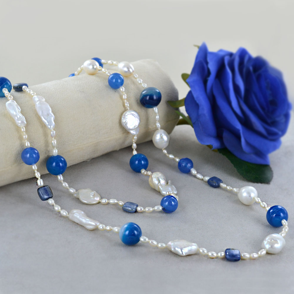 Avalaya – Collana Lunga In Perle Di Vetro Blu E Bianco – Fatte A Mano – Lunghezza 84 Cm, Senza Chiusura - 3