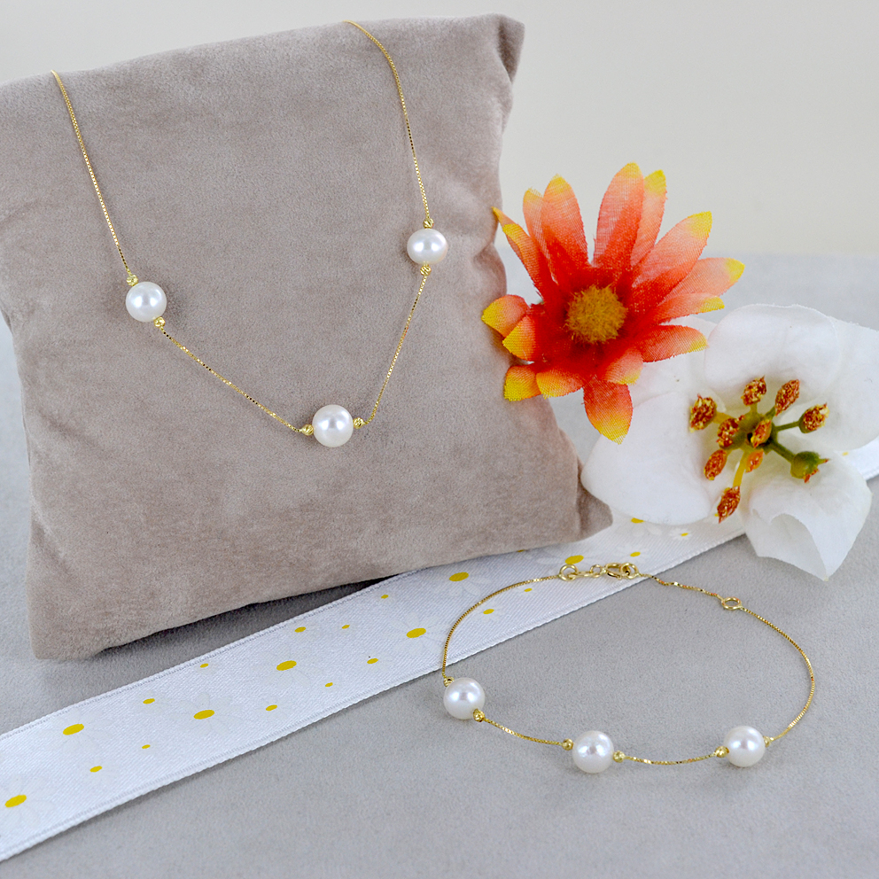 Elli Collana Donna Oro Giallo 585 (14kt) Con Perla Bianca D'Acqua Dolce - Lunghezza 45 Cm - 5