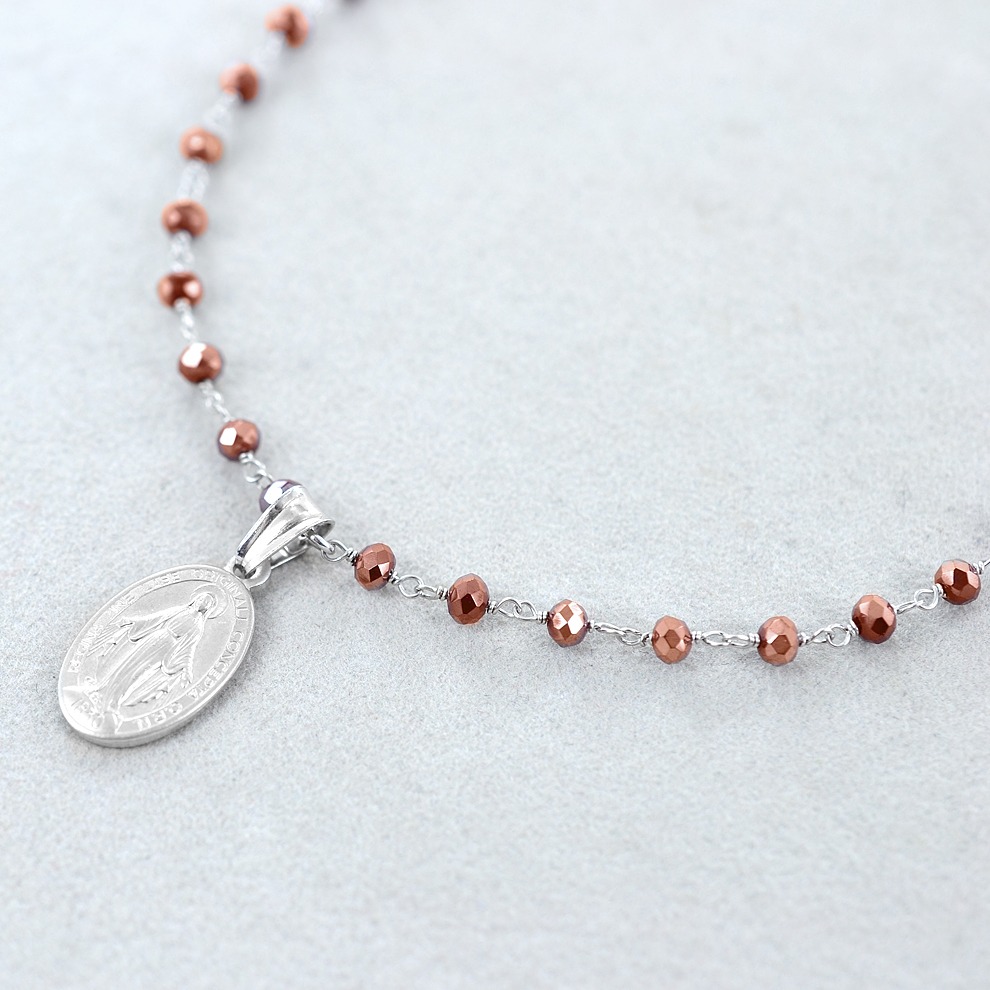 Collana Con Croce In Madreperla Naturale E Medaglia Miracolosa - Ciondolo Religioso Vintage Con Catena Placcata Oro 18k