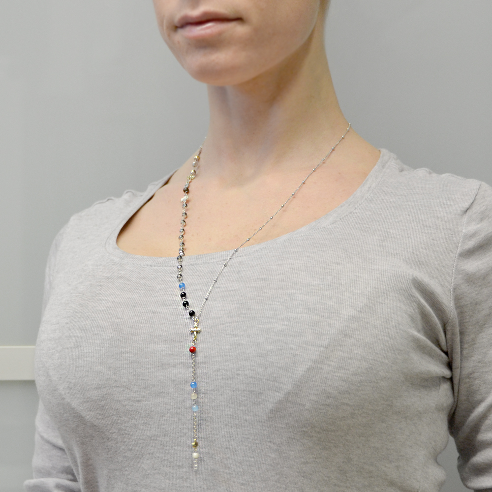 Linea Italia Gioielli - Collana Rosario Girocollo in Argento 925 Con Pietre Nere, Croce e Medaglietta Madonna - Made In Italy