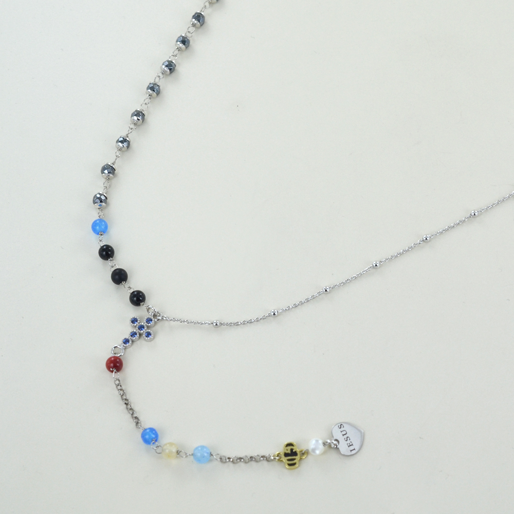 Collana rosario in onice nero e pietra preziosa occhio di tigre da 8 mm, collana rosario con perline di pietra preziosa naturale, collana croce da uomo fatta a mano + scatola regalo