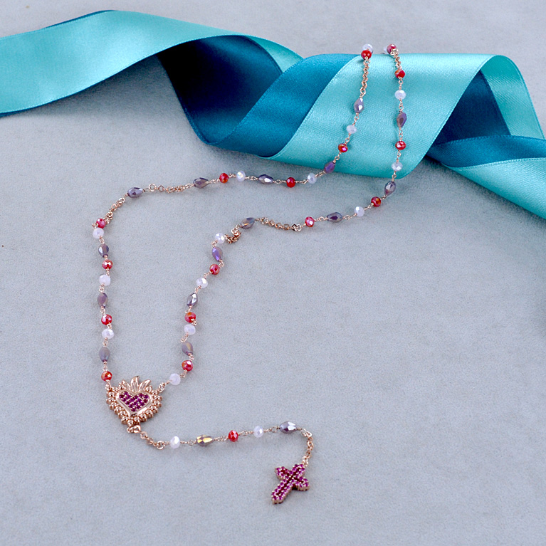 elegantedical – Collar de cristal rosa de cuarzo católico de 5 décadas