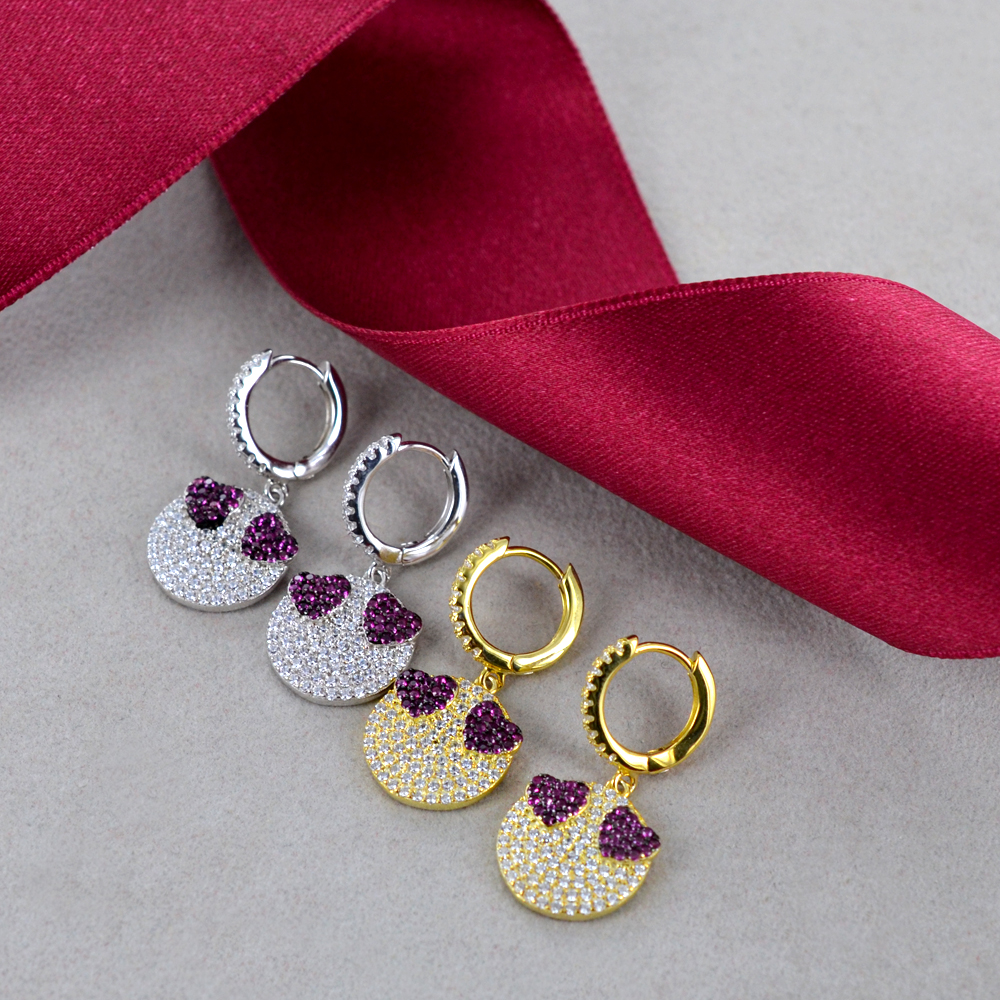 Orecchini A Cerchio Argento 925 Con Zirconi Cubici Viola A Cuore – Gulicx SE03I