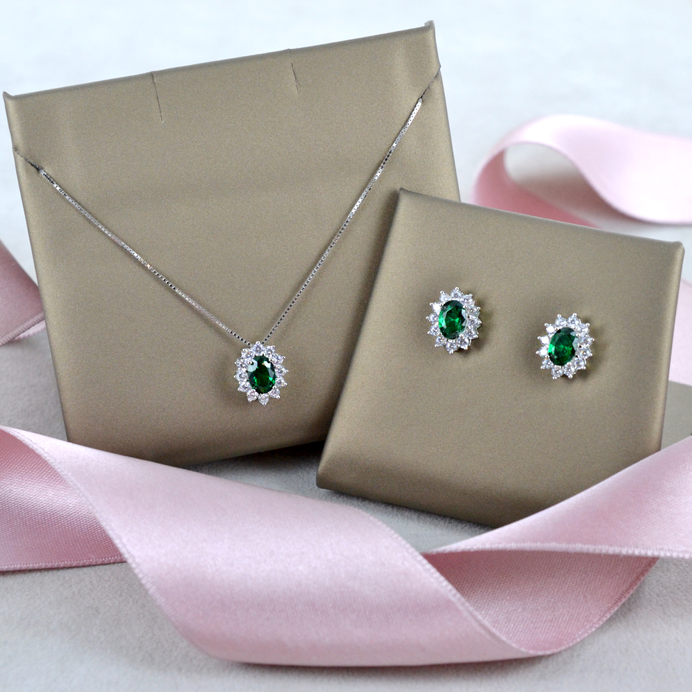 SILVEGO Parure da Donna in Argento 925 Orecchini e Ciondolo con Zircone Verde